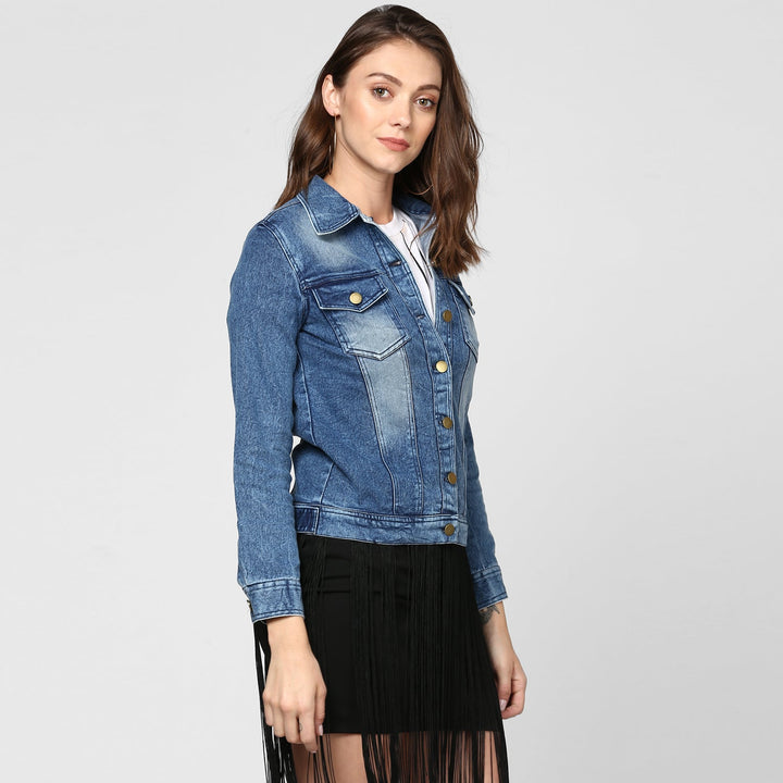 Women's Blue Washed Denim Jacket - StyleStone
