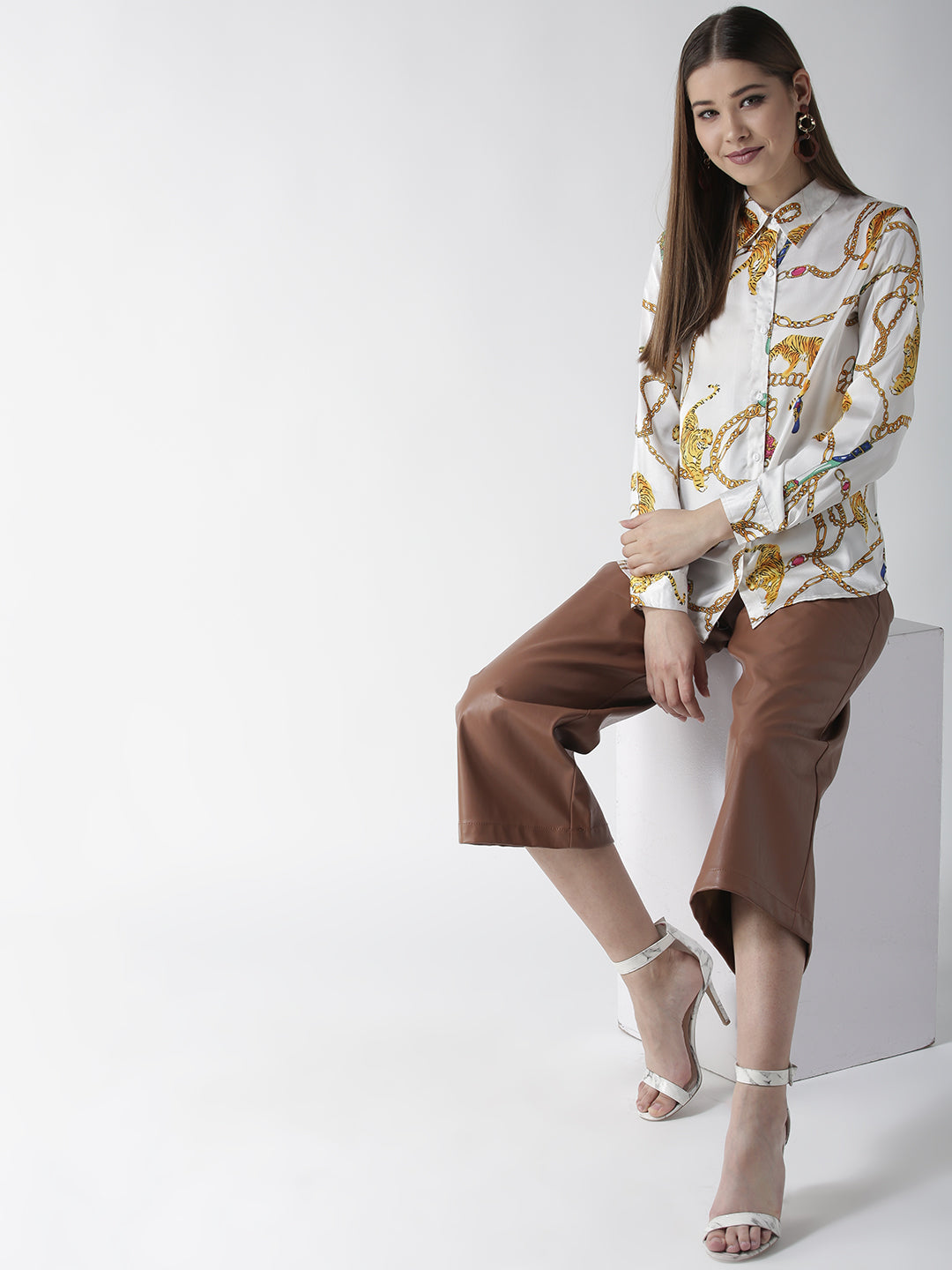 Women's White and Golden Animal Chain Print Shirt - StyleStone