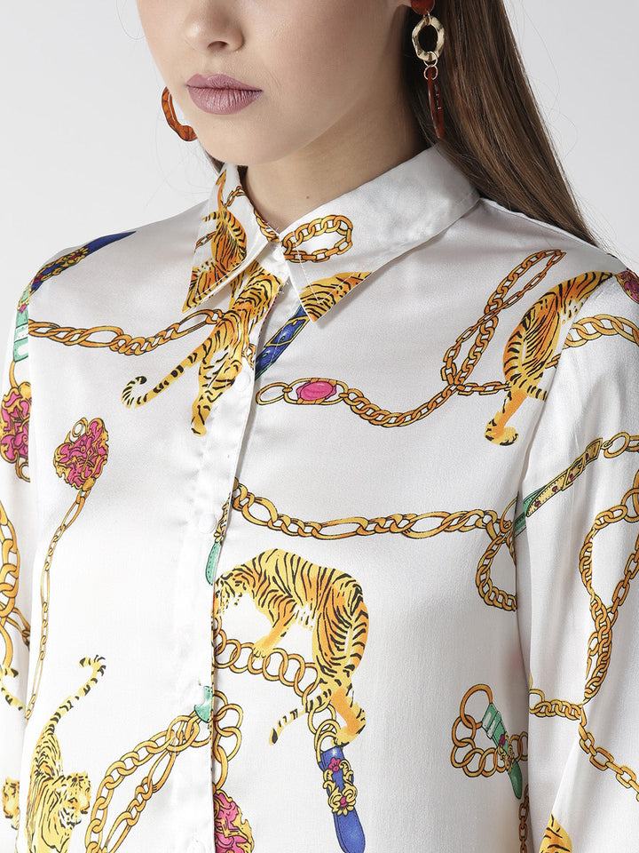 Women's White and Golden Animal Chain Print Shirt - StyleStone