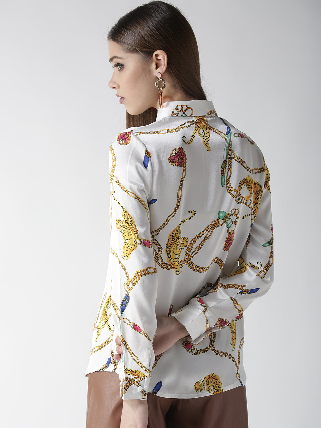 Women's White and Golden Animal Chain Print Shirt - StyleStone