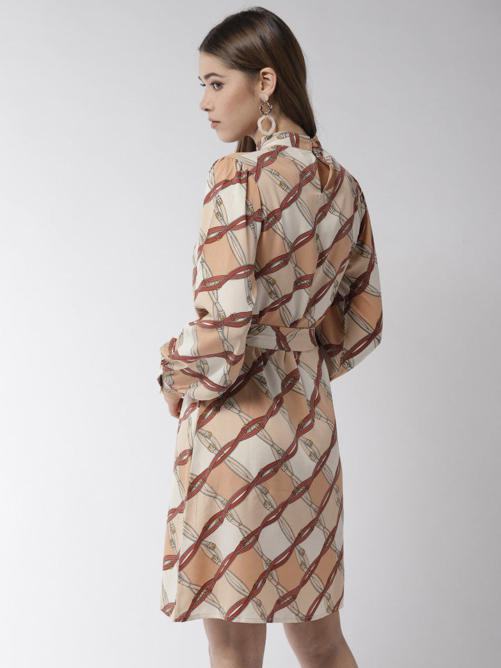 Women's Brown Polyester Belt Print Manderin Collar Dress with belt - StyleStone