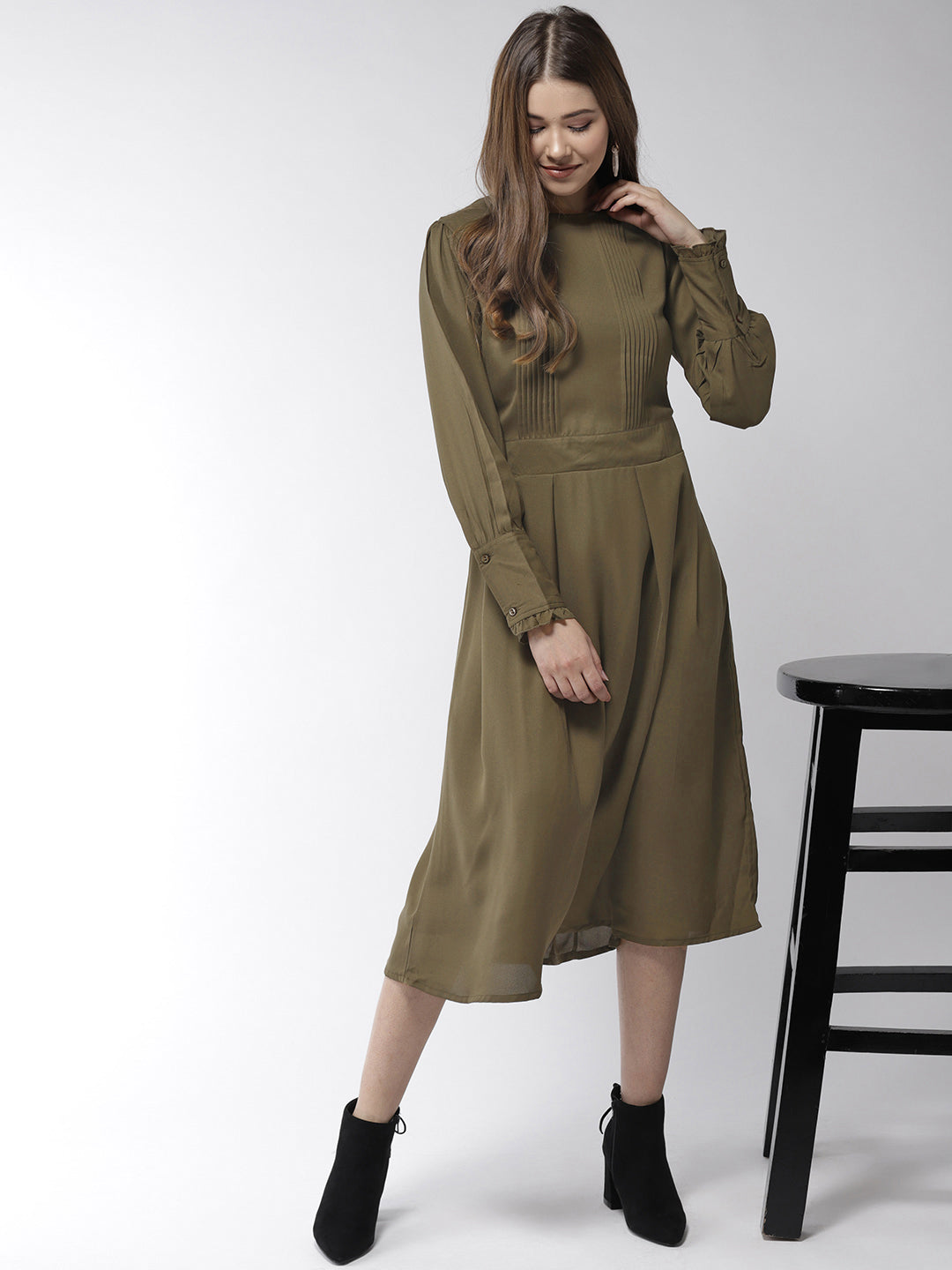 Women's Olive Polyester Moss pintuck and pleated Midi dress - StyleStone