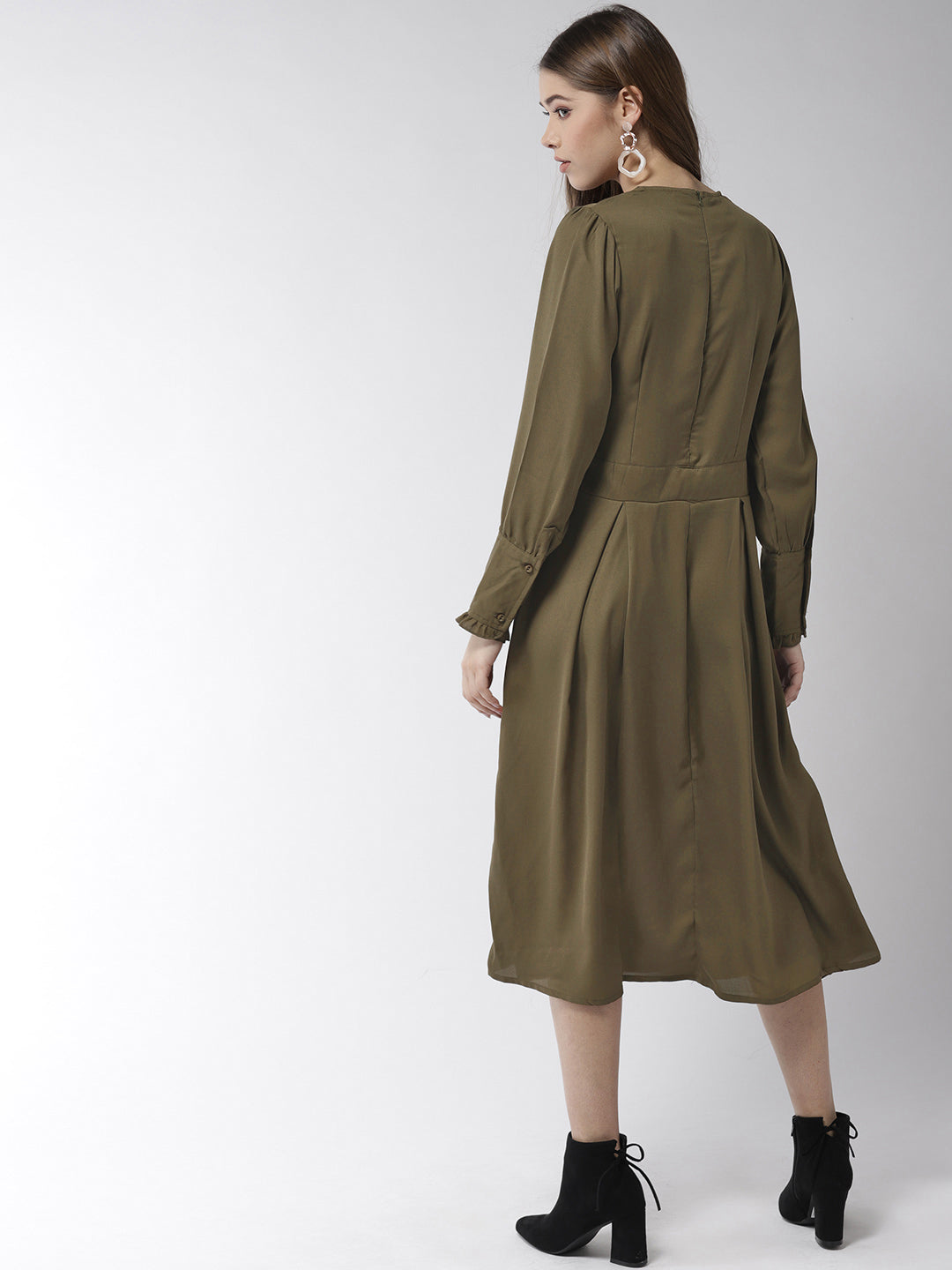 Women's Olive Polyester Moss pintuck and pleated Midi dress - StyleStone