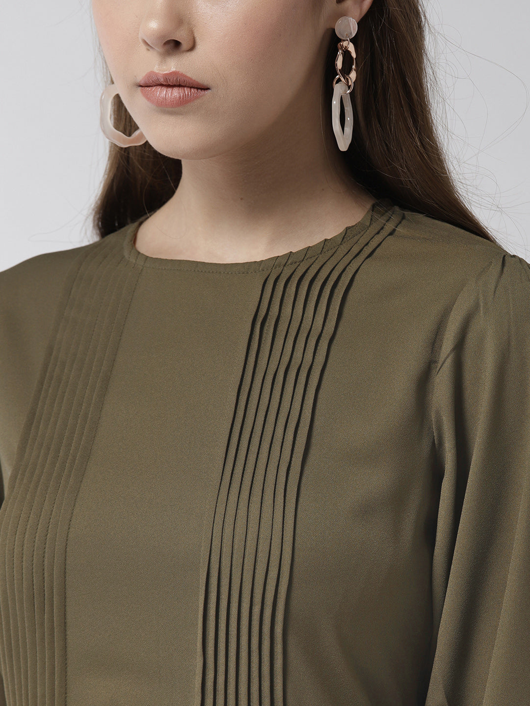 Women's Olive Polyester Moss pintuck and pleated Midi dress - StyleStone