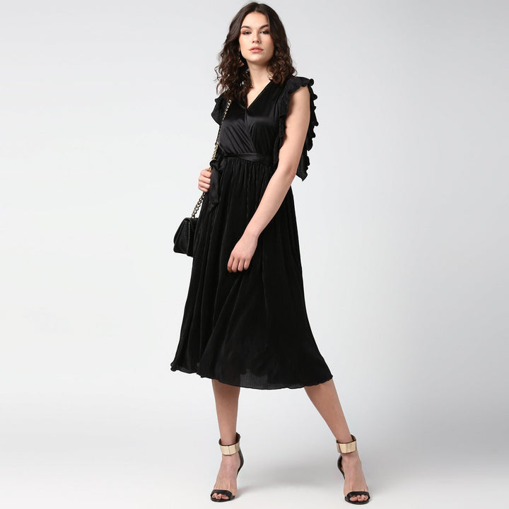 Women's Black Satin Pleating Evening Midi Dress - StyleStone