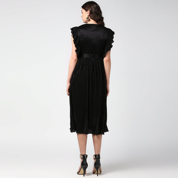 Women's Black Satin Pleating Evening Midi Dress - StyleStone
