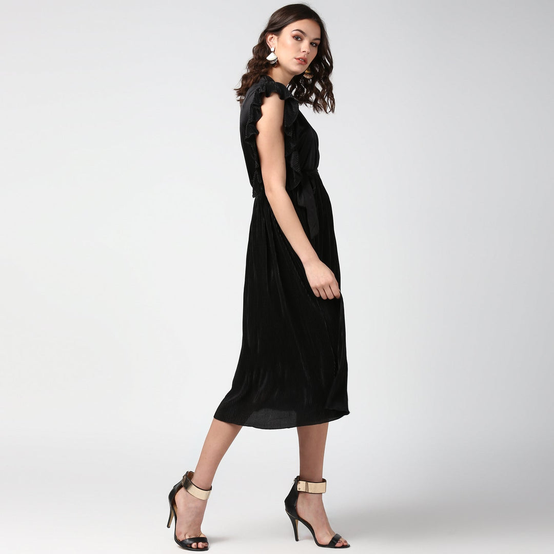 Women's Black Satin Pleating Evening Midi Dress - StyleStone