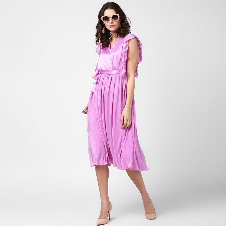 Women's Lavender Satin Pleating Evening Midi Dress - StyleStone
