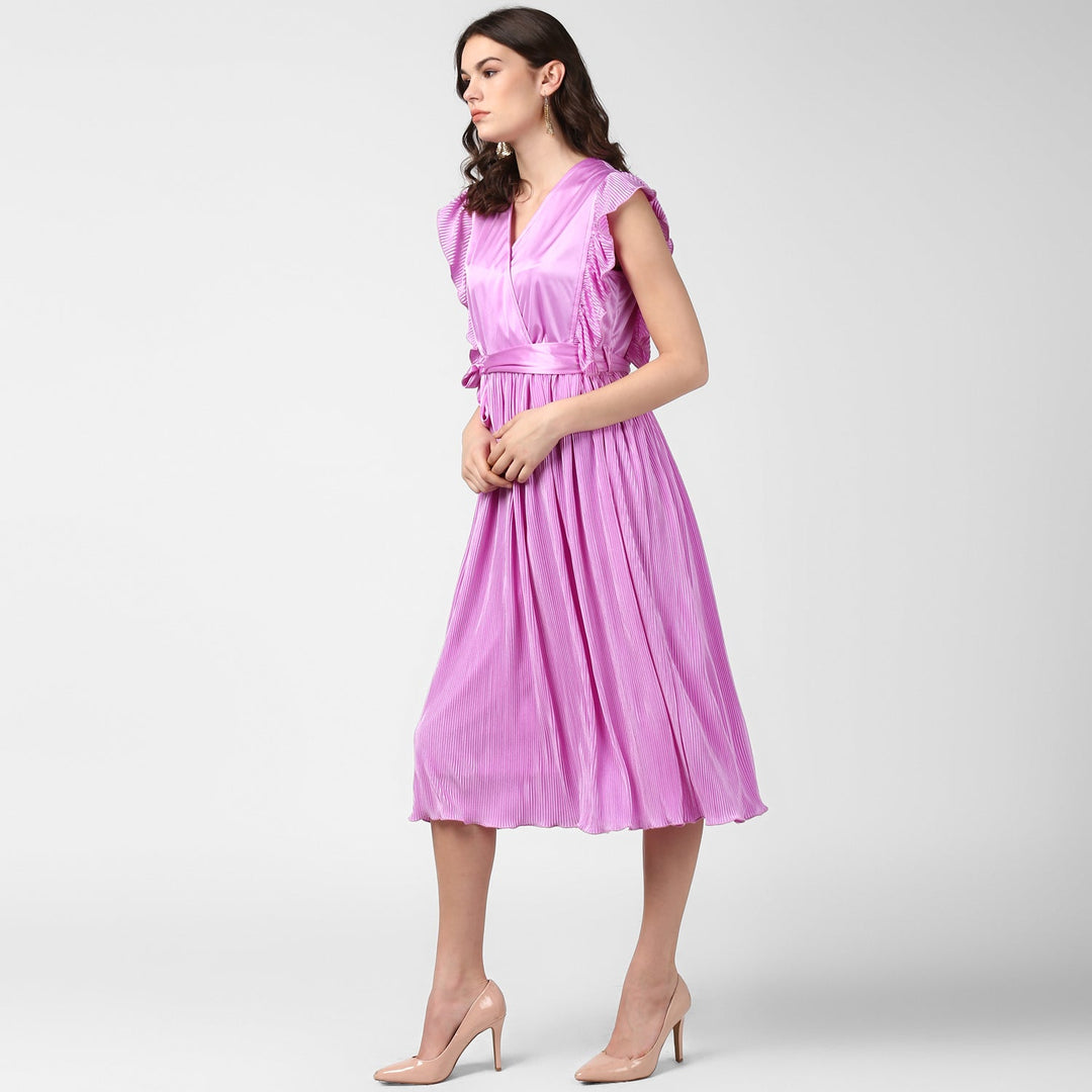 Women's Lavender Satin Pleating Evening Midi Dress - StyleStone