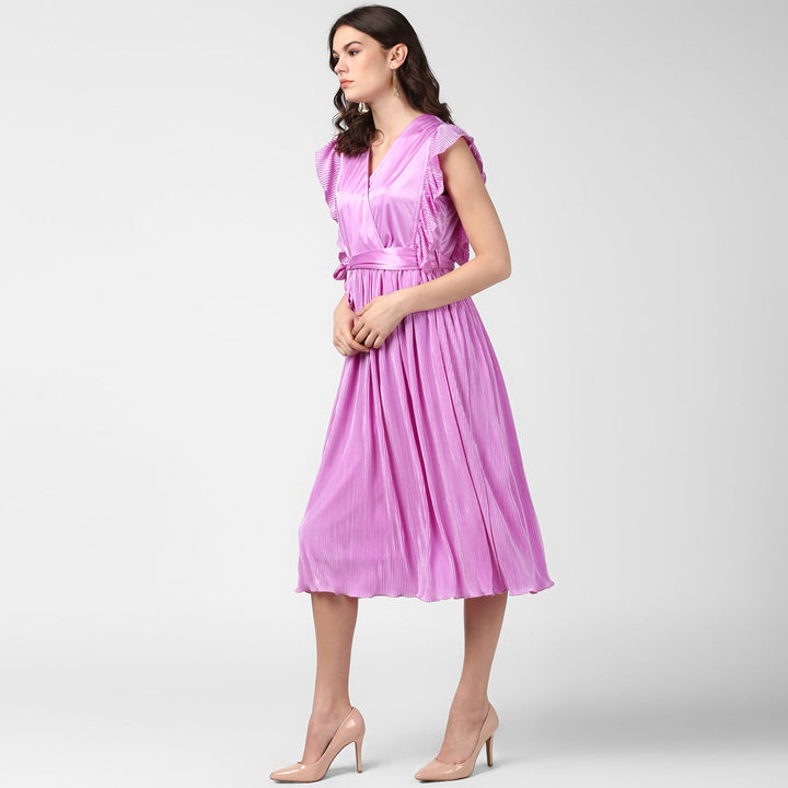 Women's Lavender Satin Pleating Evening Midi Dress - StyleStone