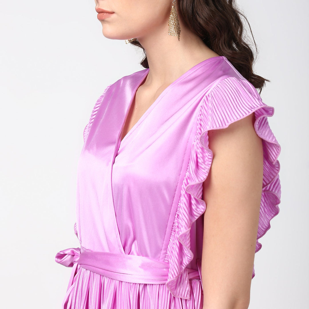 Women's Lavender Satin Pleating Evening Midi Dress - StyleStone