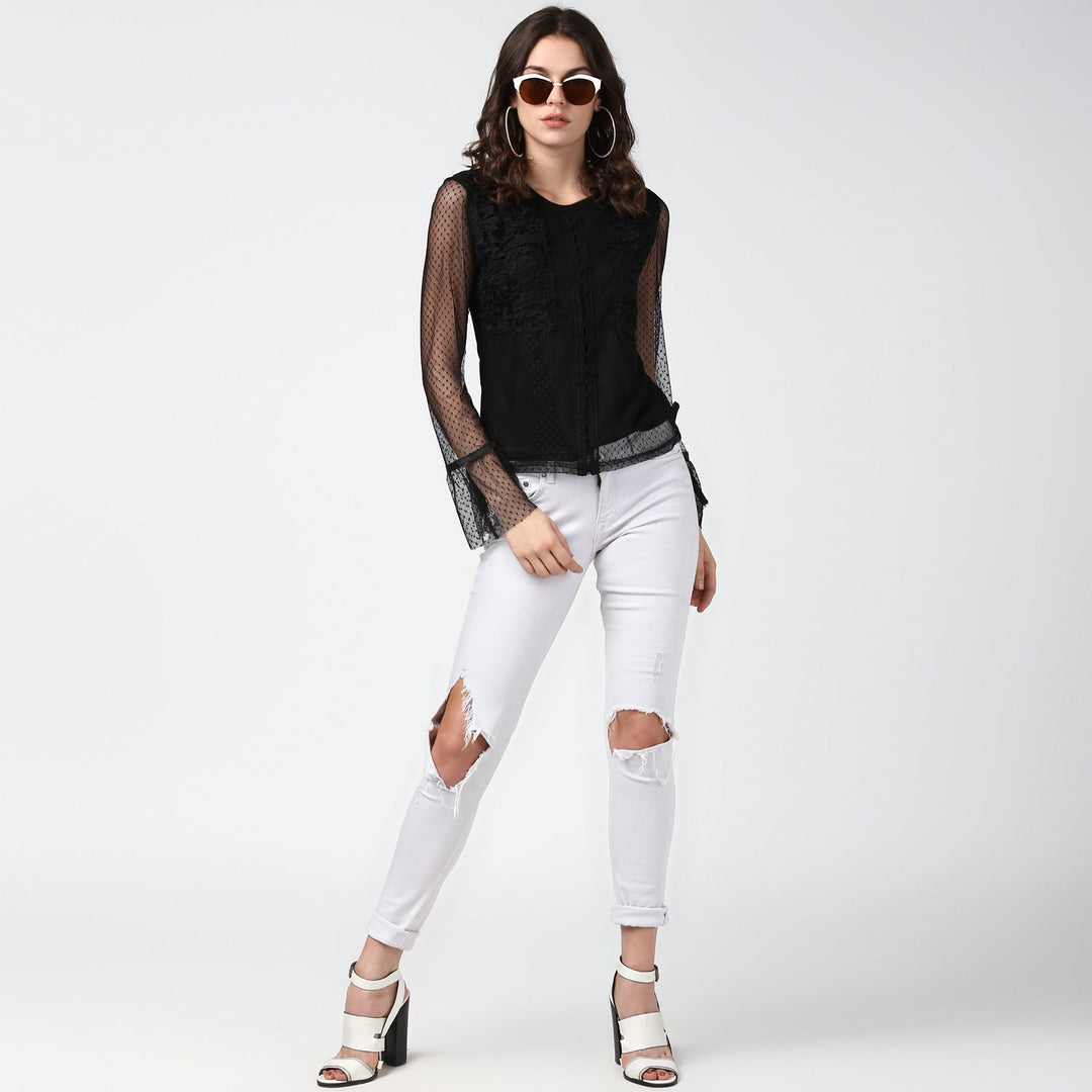 Women's Black Lace and Crochet Self Design Top - StyleStone