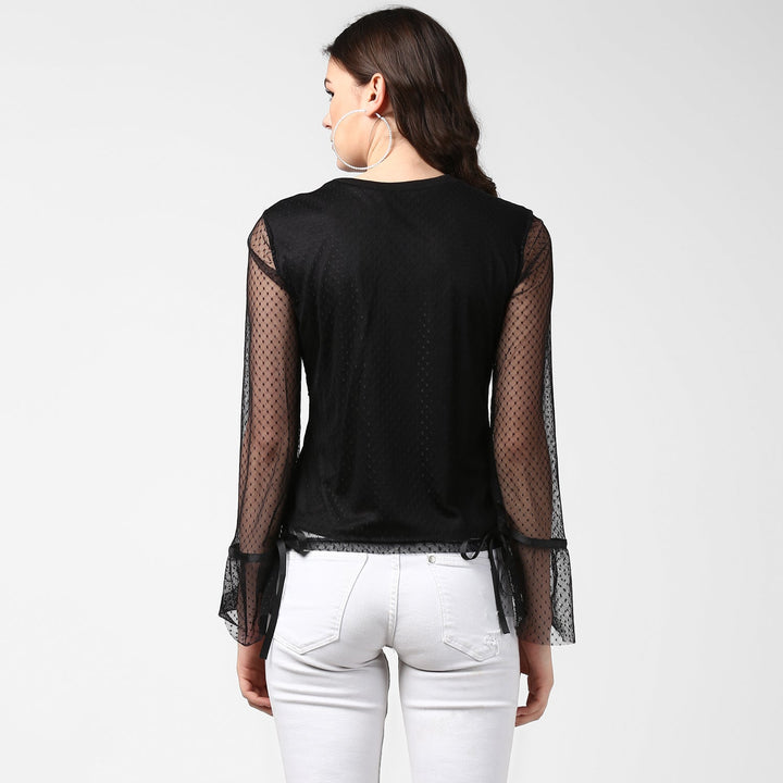Women's Black Lace and Crochet Self Design Top - StyleStone