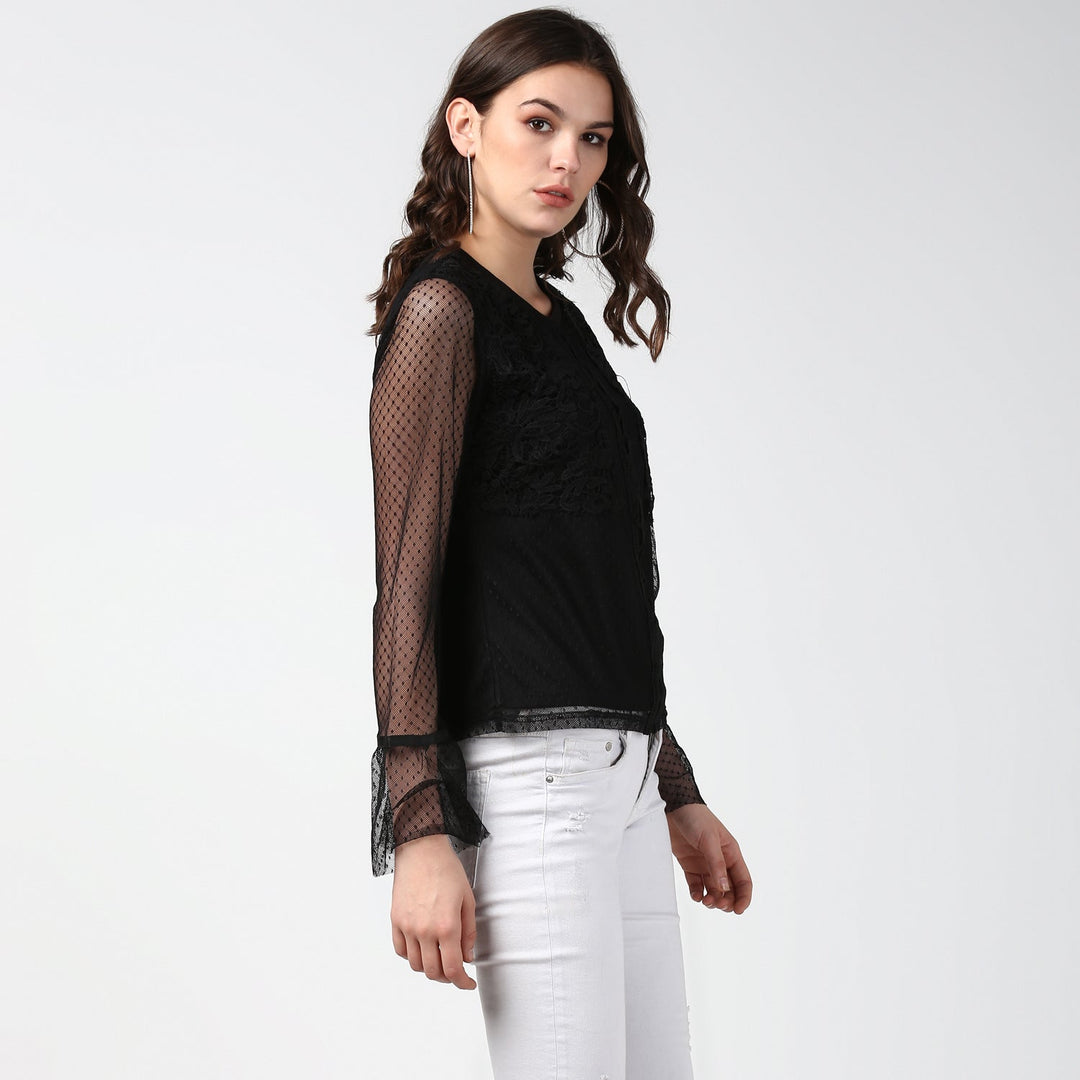 Women's Black Lace and Crochet Self Design Top - StyleStone