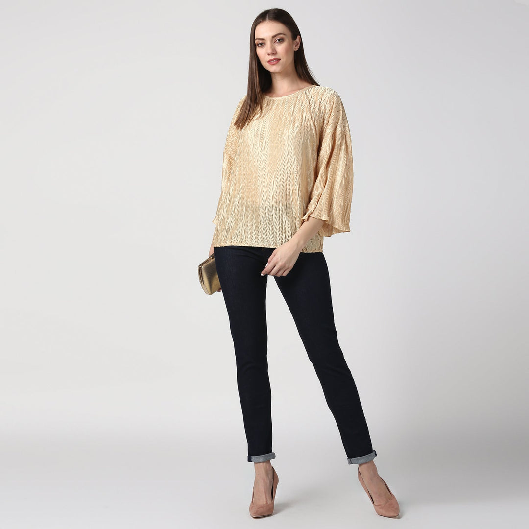 Women's Satin Gold V Pleat Detail Top - StyleStone