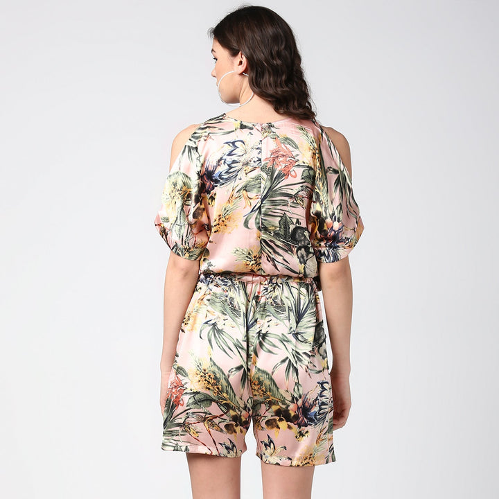 Women's Peach Satin Floral Playsuit - StyleStone