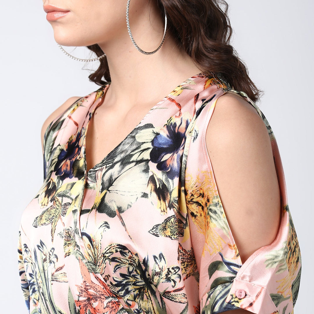 Women's Peach Satin Floral Playsuit - StyleStone