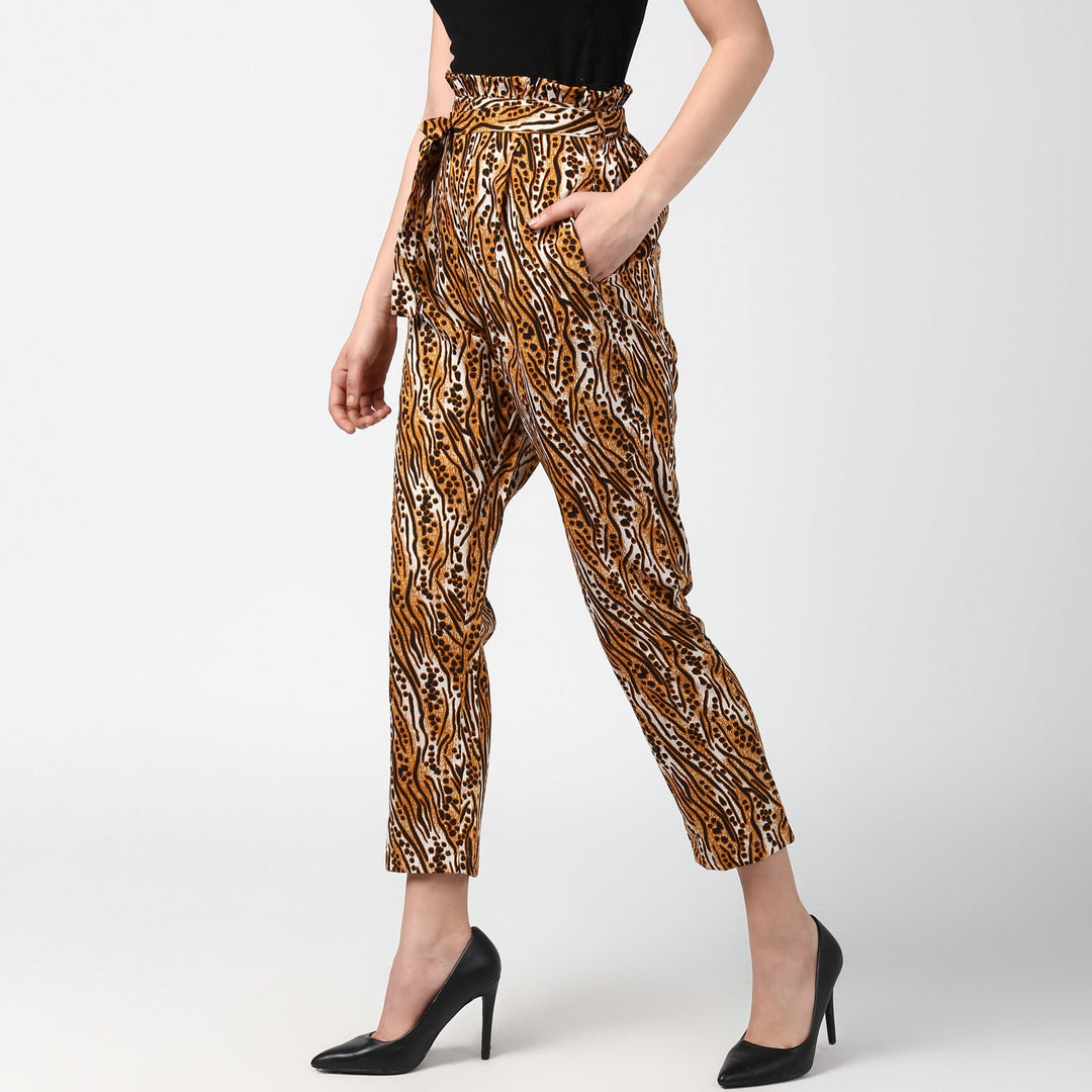 Women's Animal Print Paperbag Elasticated waistline Pants - StyleStone