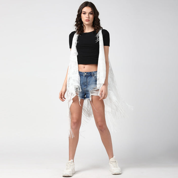 Women's White Long Lace Shrug - StyleStone