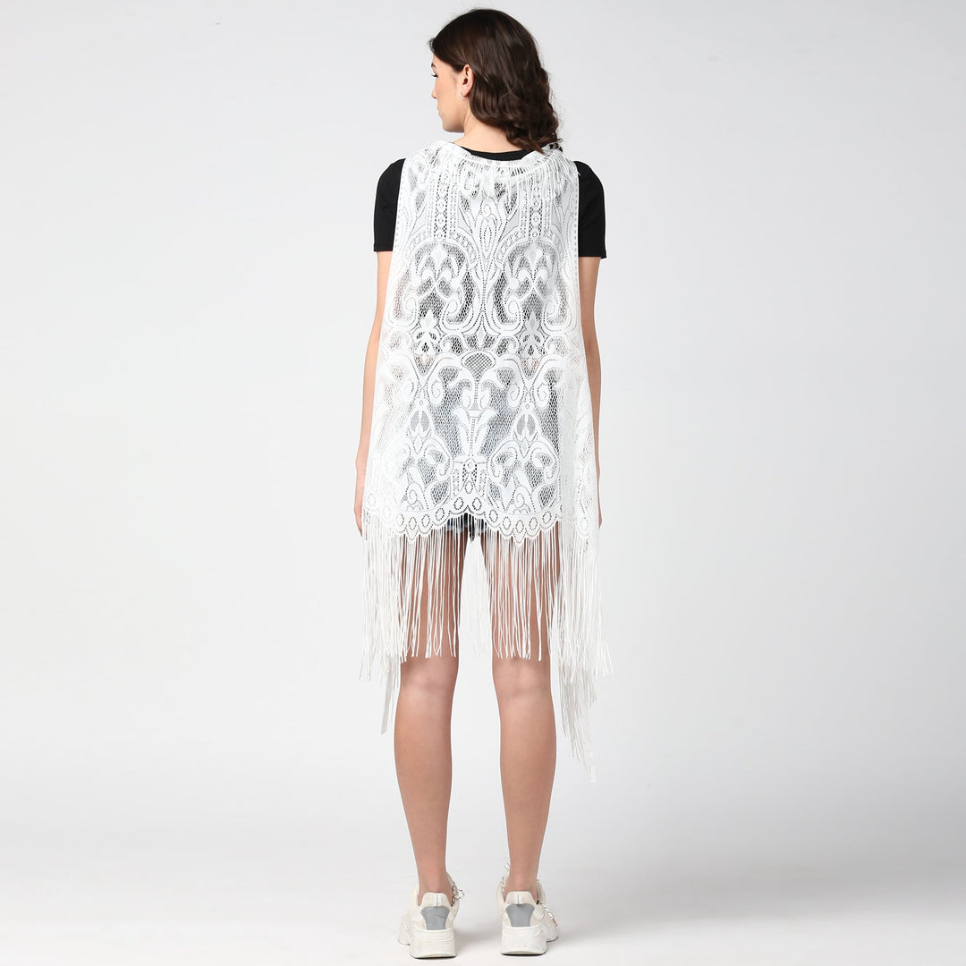 Women's White Long Lace Shrug - StyleStone