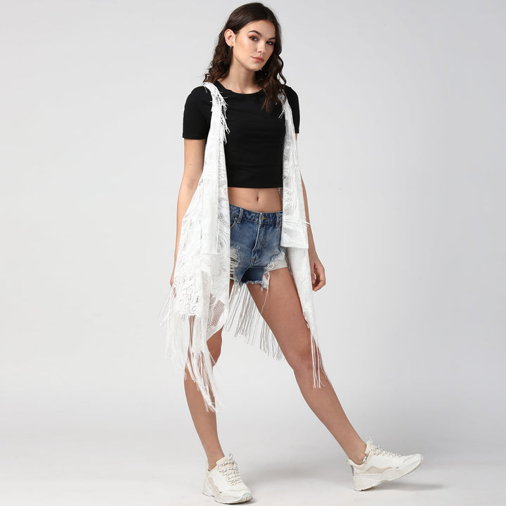 Women's White Long Lace Shrug - StyleStone