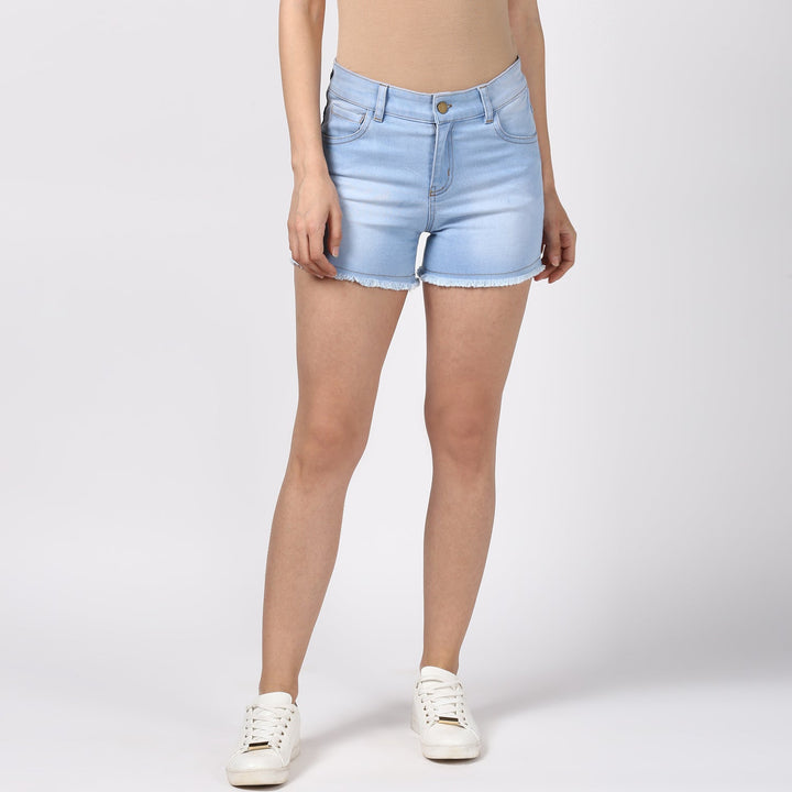 Women's Denim Blue Ice Wash Shorts - StyleStone