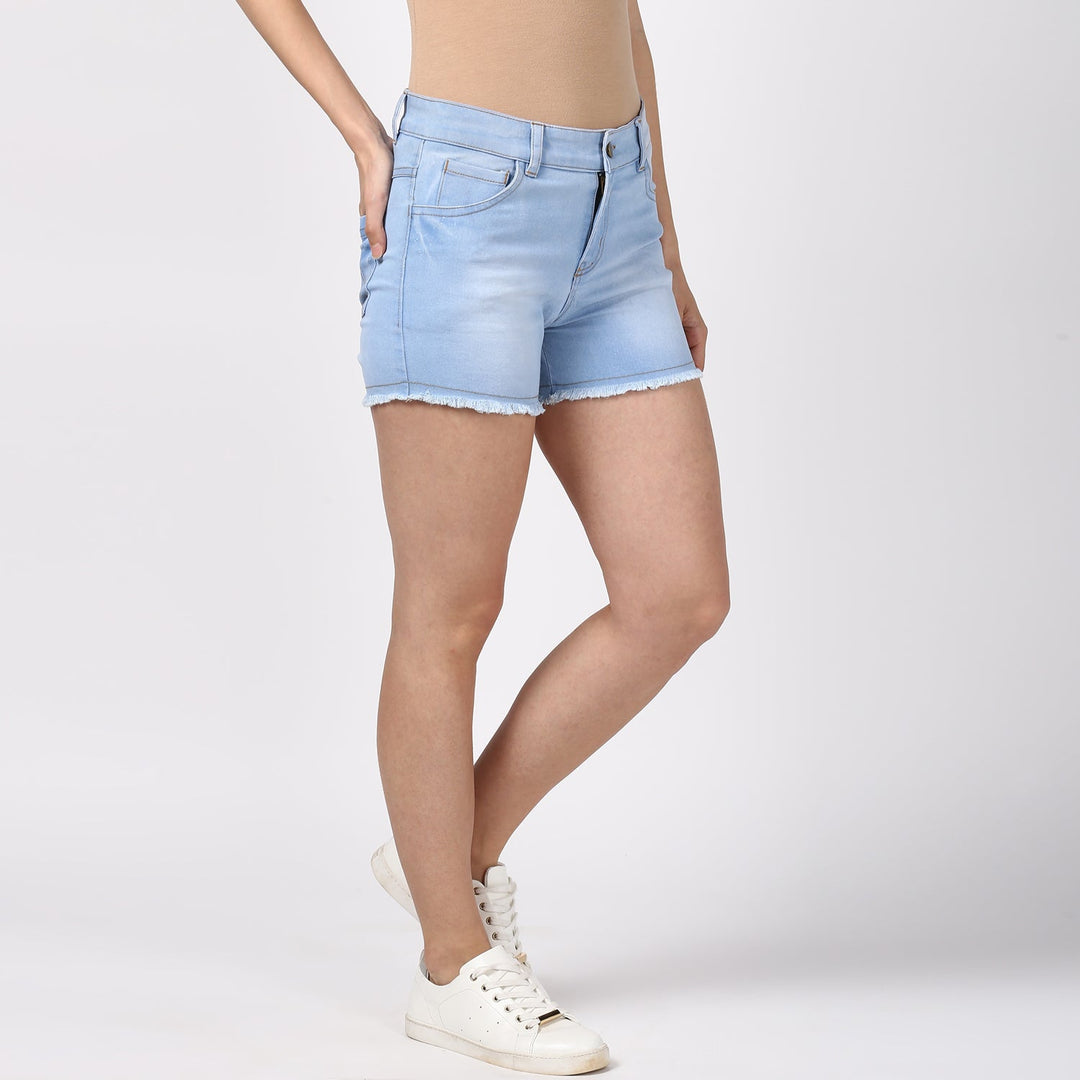 Women's Denim Blue Ice Wash Shorts - StyleStone