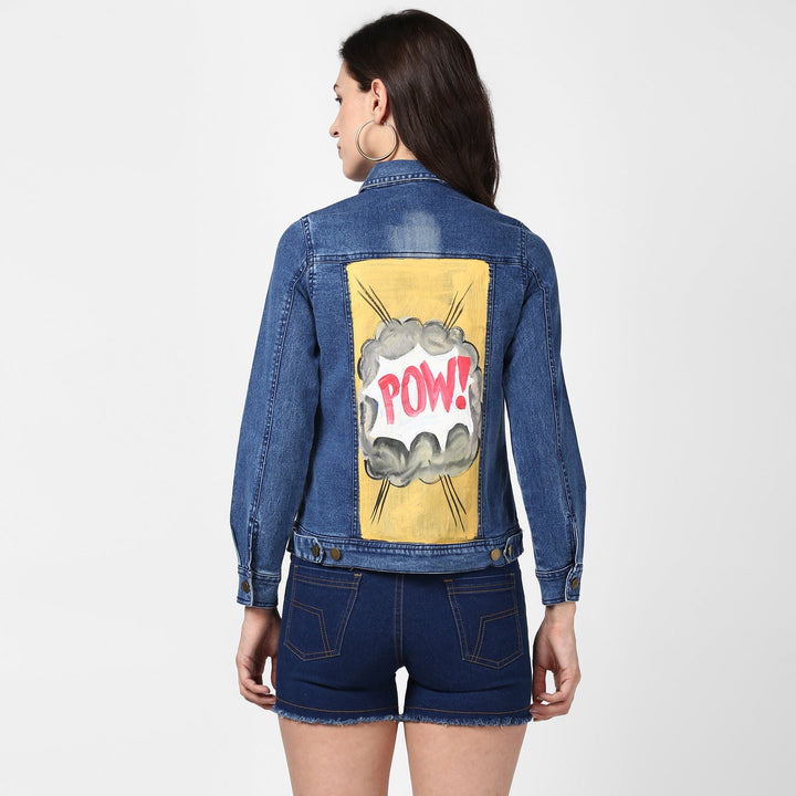 Women's Hand Painted Denim Jacket -Pow - StyleStone