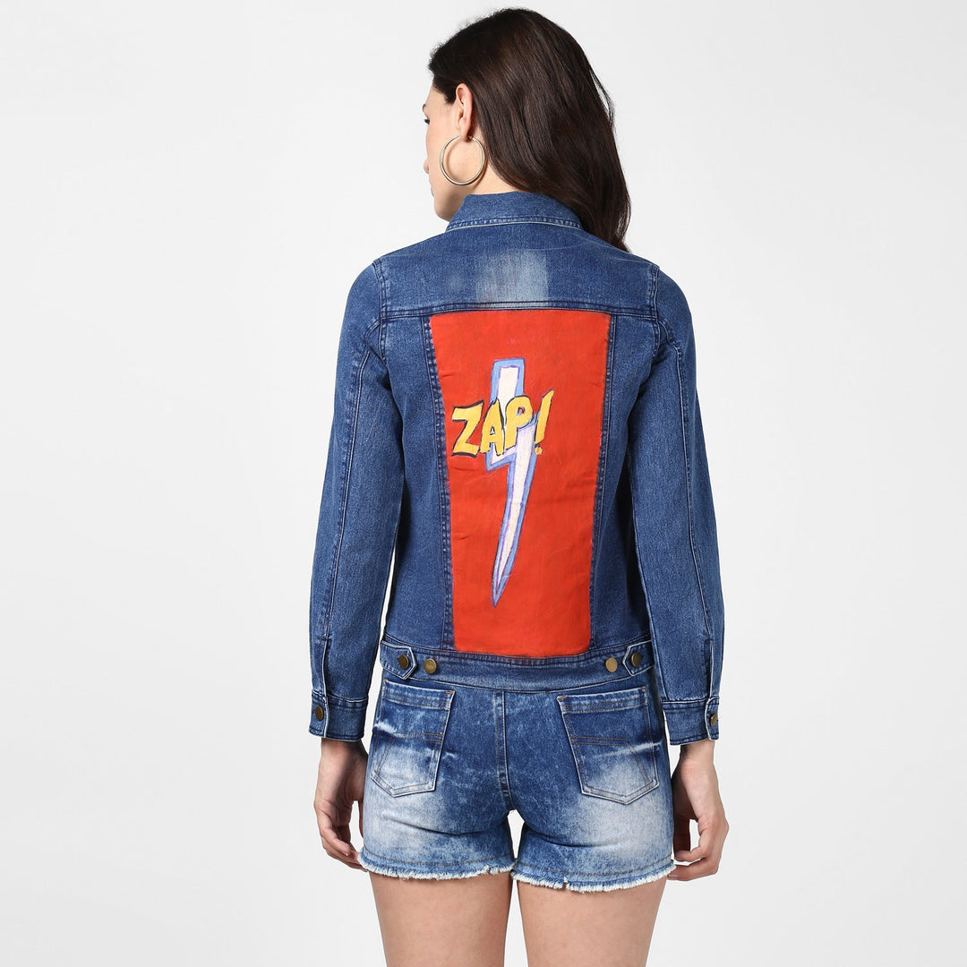 Women's Hand Painted Denim Jacket -Zap - StyleStone