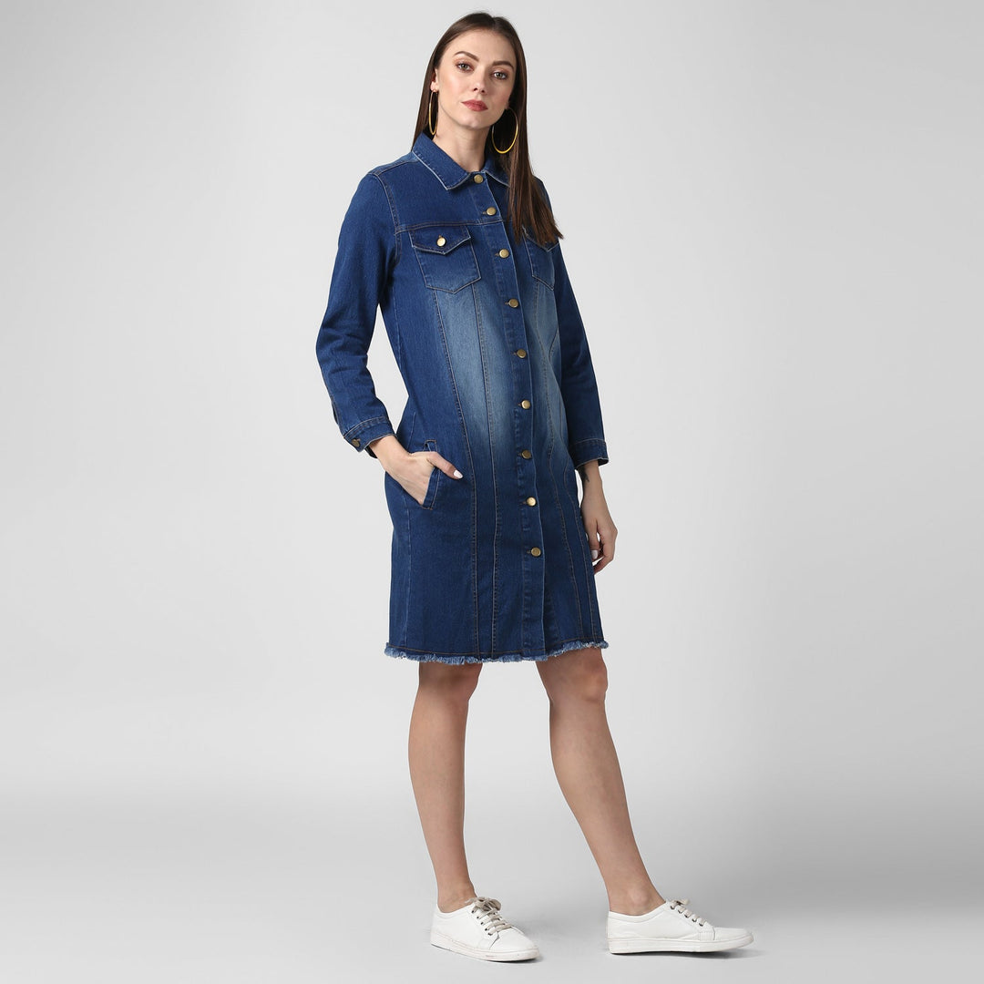 Women's Navy Blue Long Overcoat Style Denim Jacket with Washed effect - StyleStone