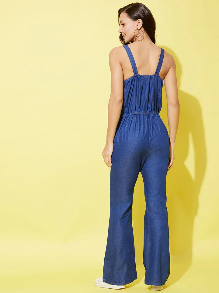 Women's Denim Jumpsuit With Shoulder Straps - StyleStone