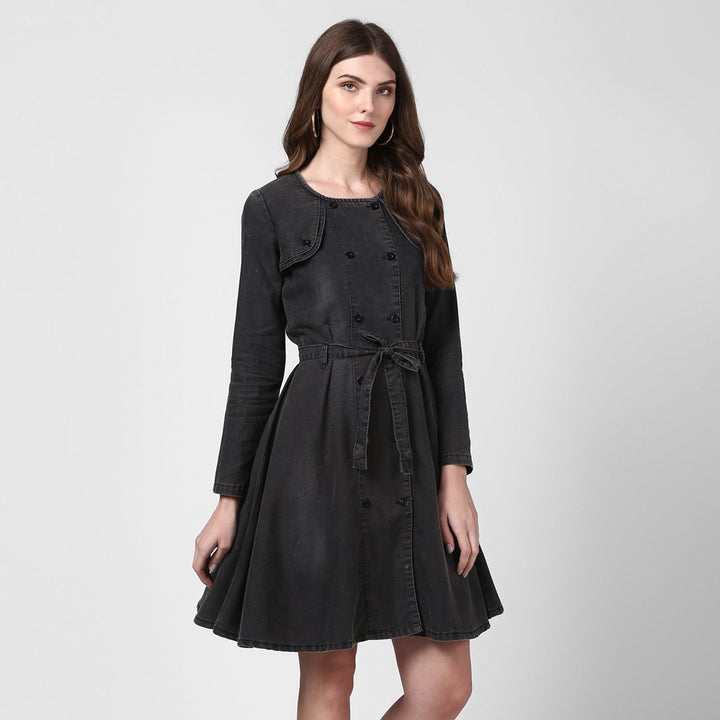 Women's Black Denim Dress with Shoulder Placket detail - StyleStone