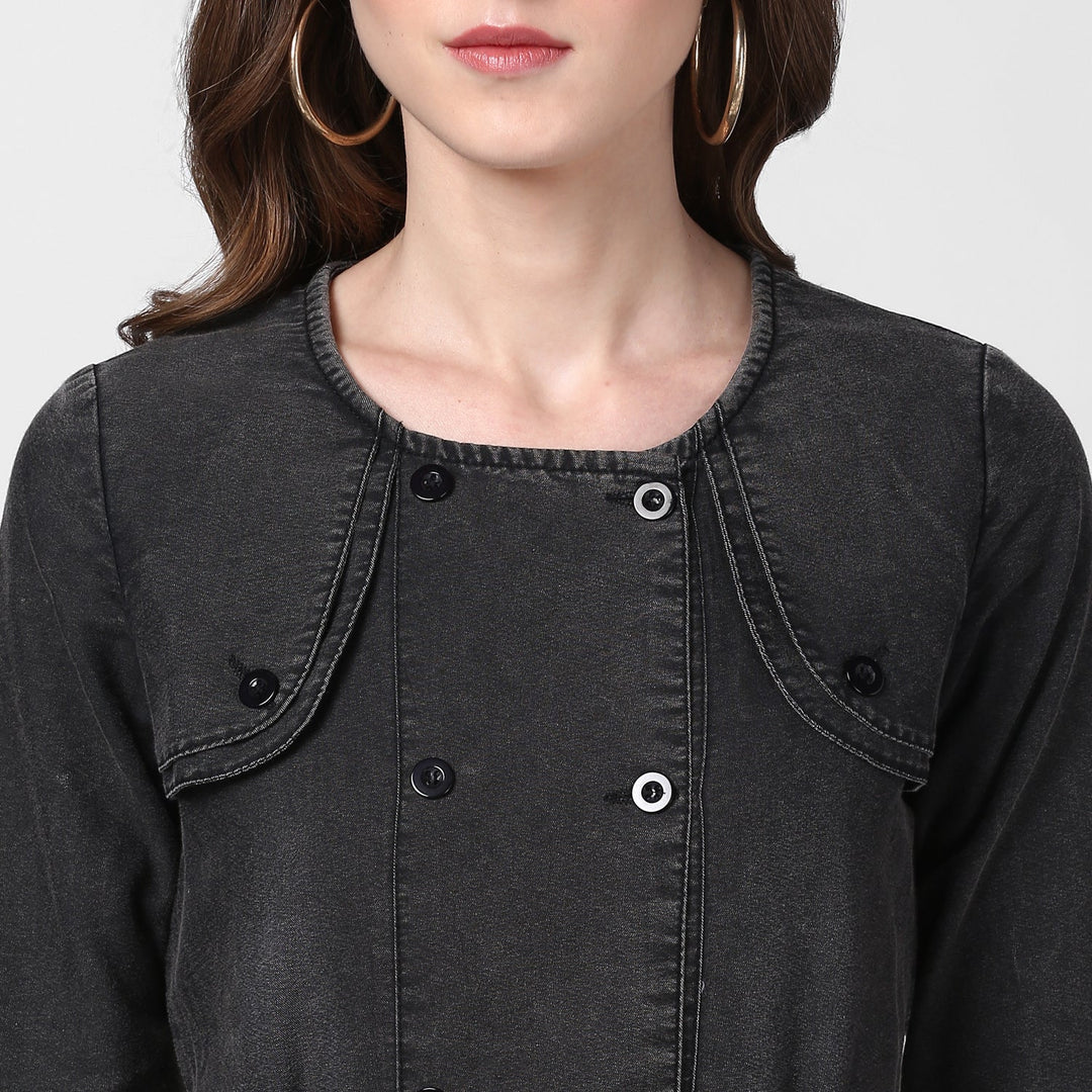 Women's Black Denim Dress with Shoulder Placket detail - StyleStone