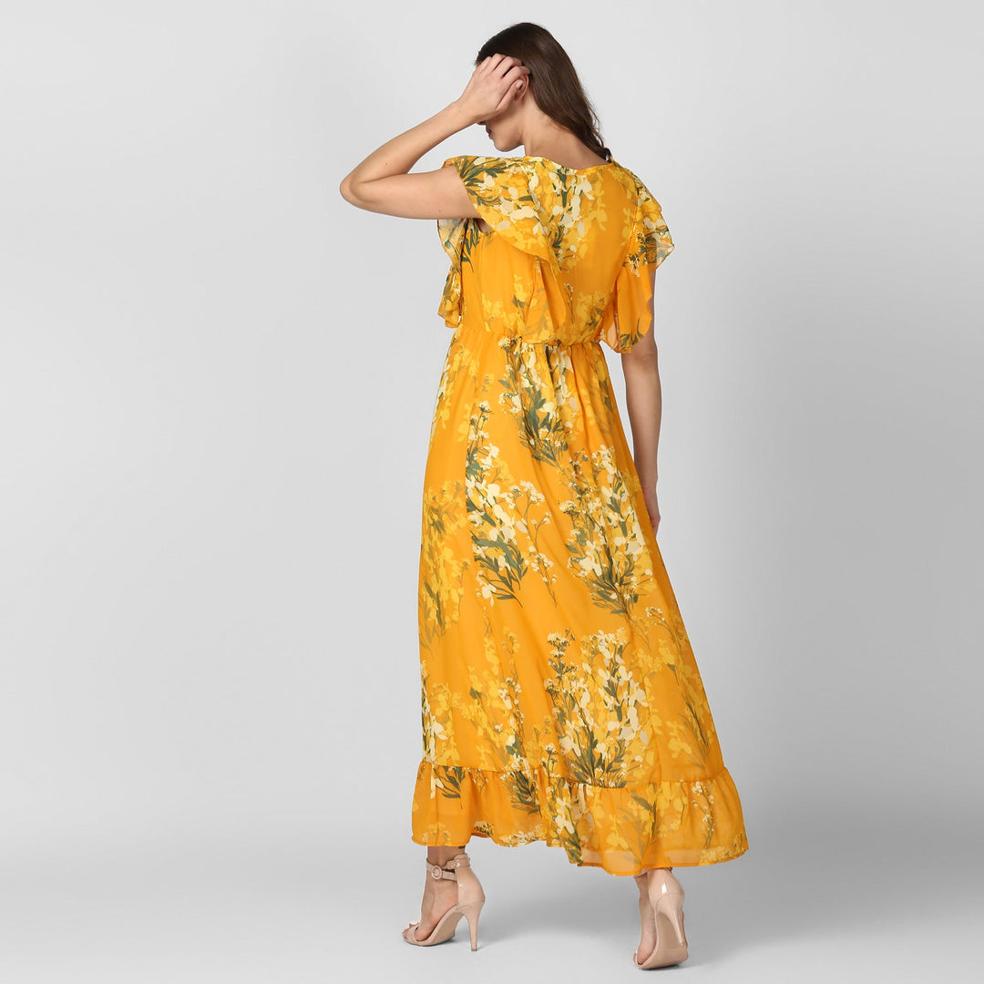 Women's Yellow Printed Maxi Dress with Lining - StyleStone