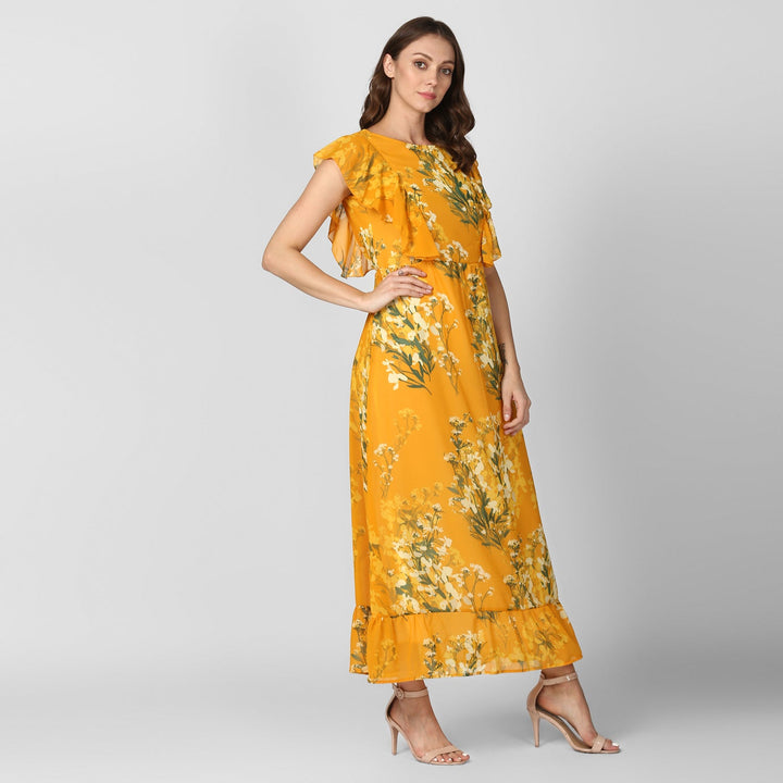 Women's Yellow Printed Maxi Dress with Lining - StyleStone