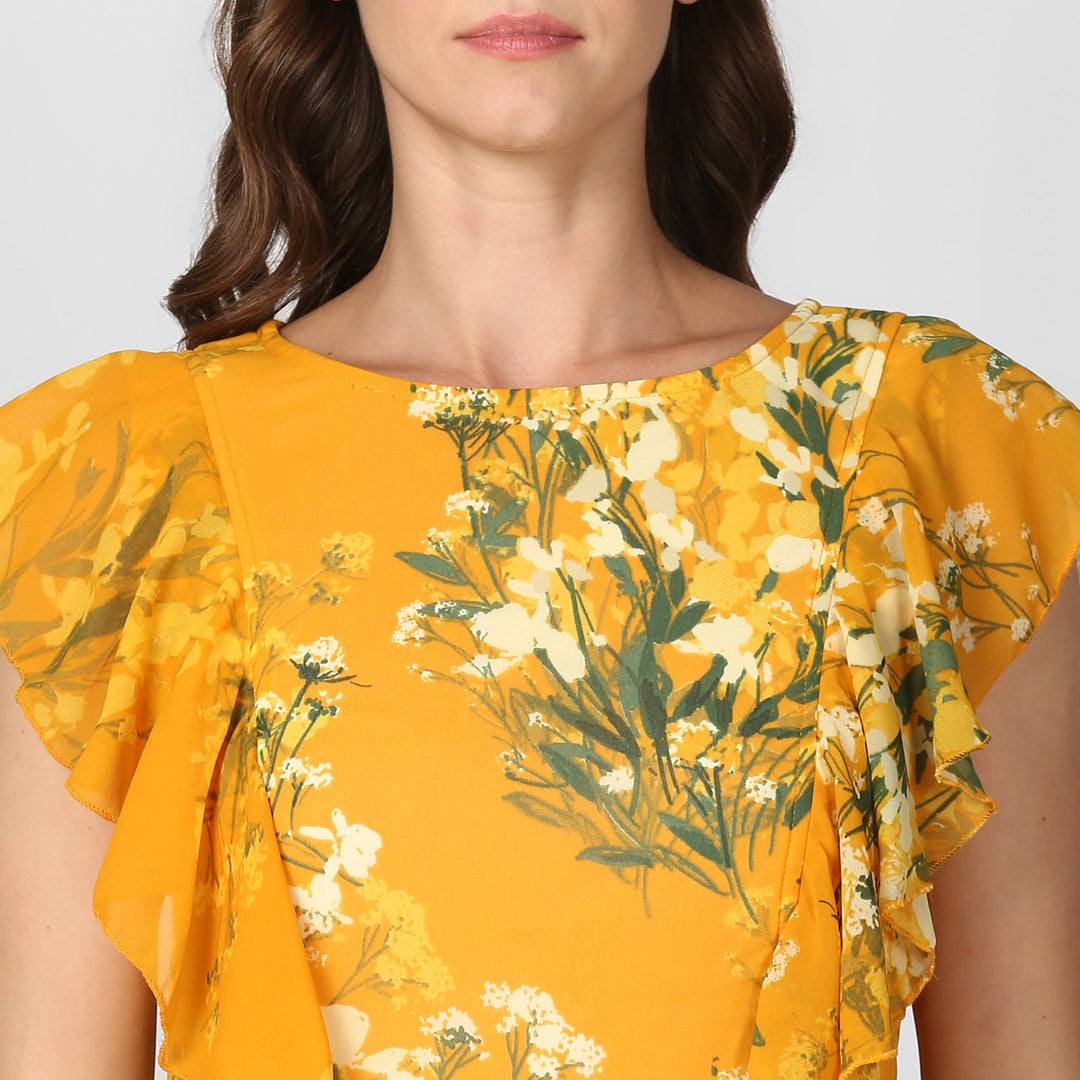 Women's Yellow Printed Maxi Dress with Lining - StyleStone