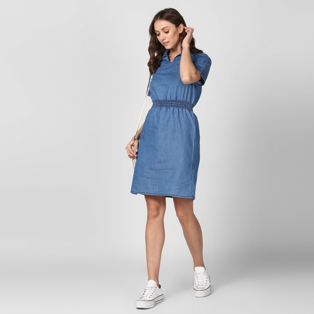Women's Blue Denim Dress with Smocked waistline - StyleStone