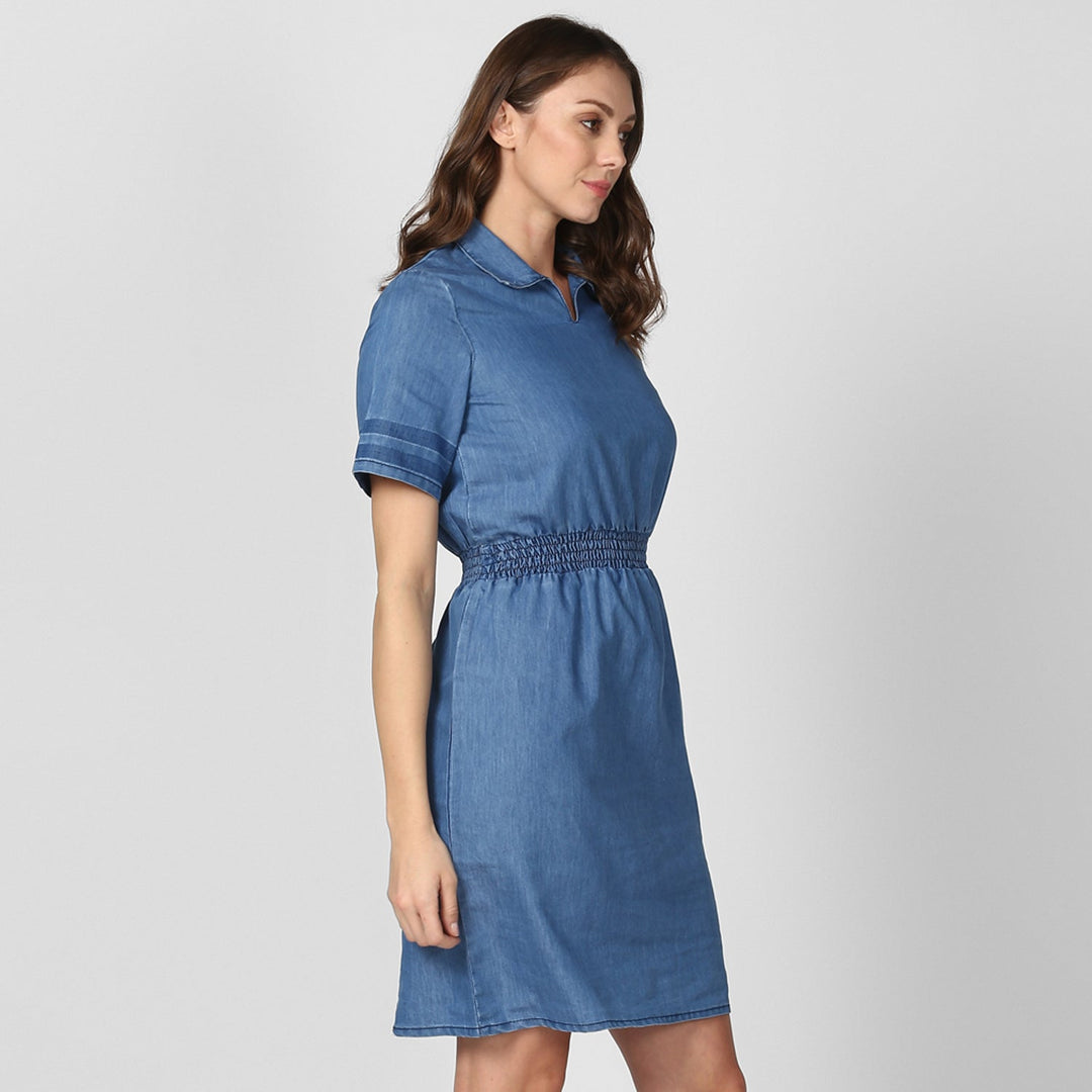Women's Blue Denim Dress with Smocked waistline - StyleStone