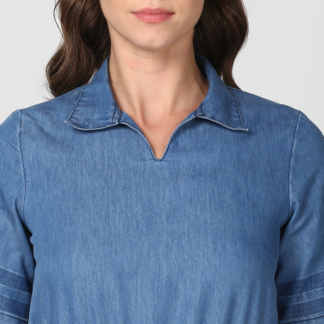 Women's Blue Denim Dress with Smocked waistline - StyleStone