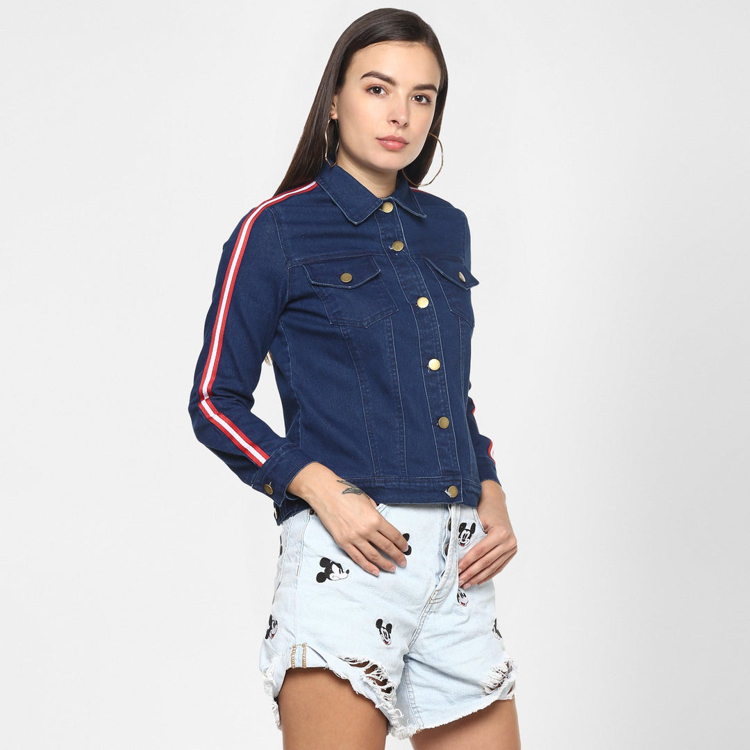 Women's Navy Blue Jacket with Red Tape - StyleStone