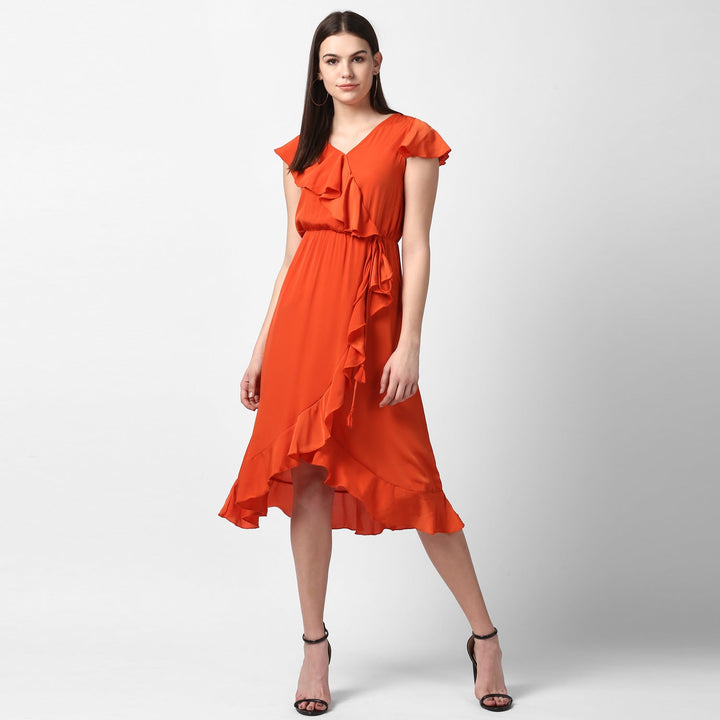 Women's Orange Front Ruffle Dress - StyleStone