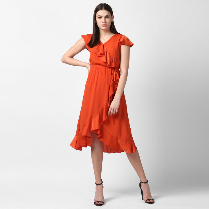 Women's Orange Front Ruffle Dress - StyleStone