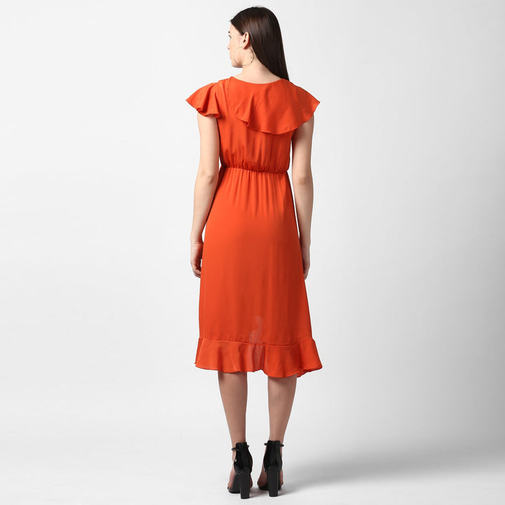 Women's Orange Front Ruffle Dress - StyleStone