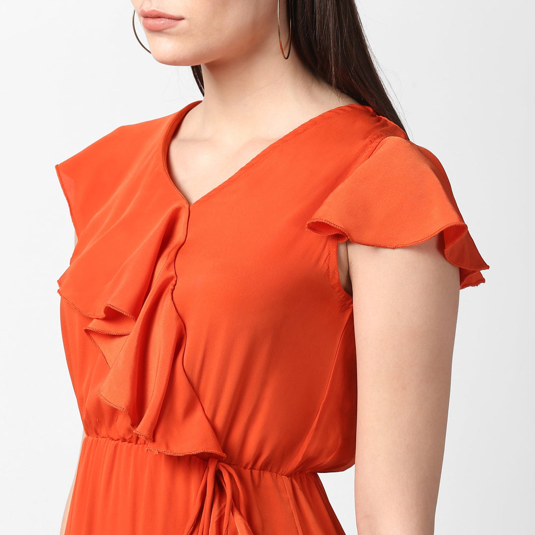 Women's Orange Front Ruffle Dress - StyleStone