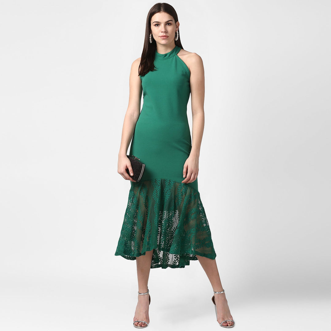 Women's Green Asymmetrical Lace Dress - StyleStone