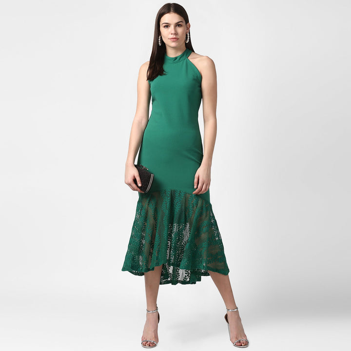 Women's Green Asymmetrical Lace Dress - StyleStone