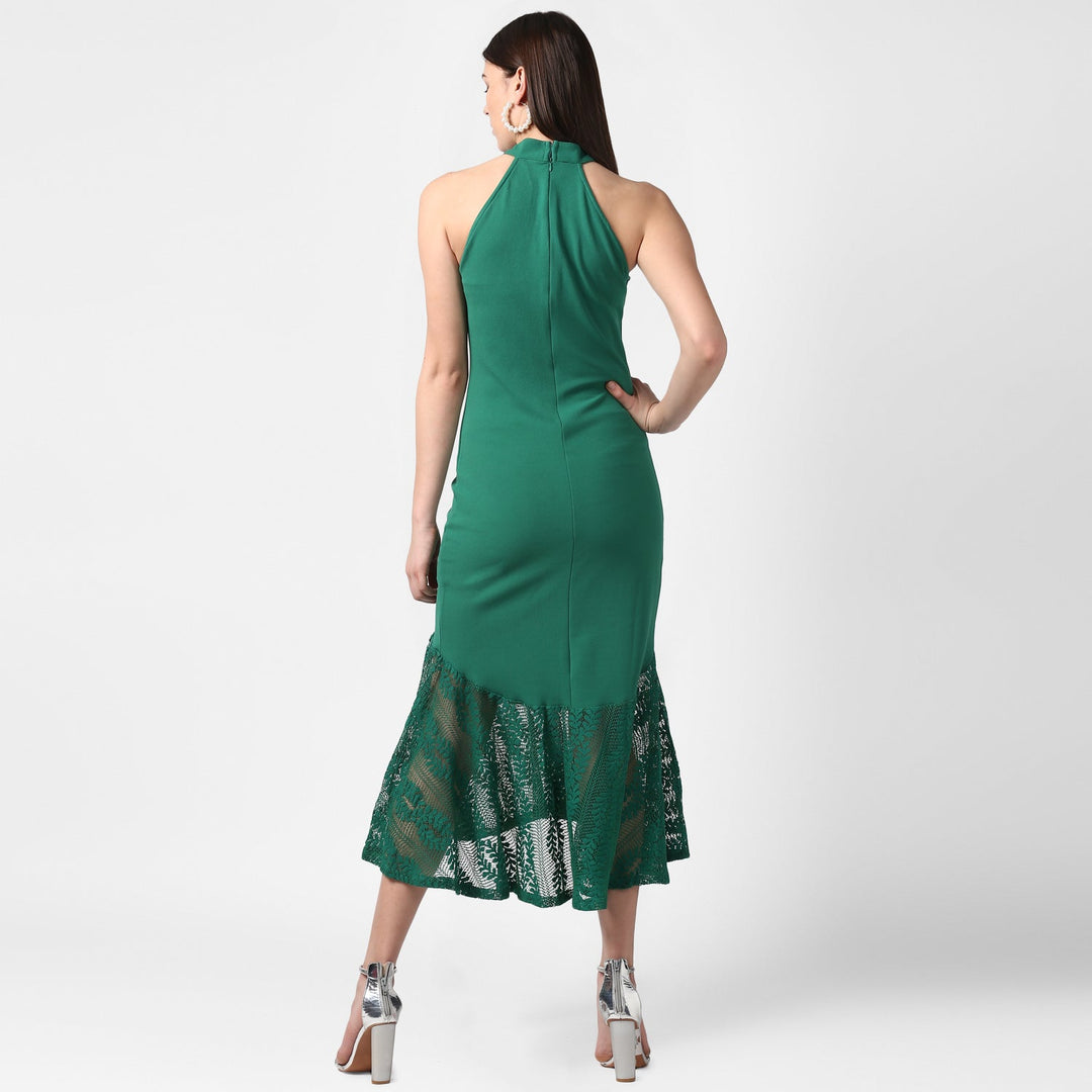 Women's Green Asymmetrical Lace Dress - StyleStone