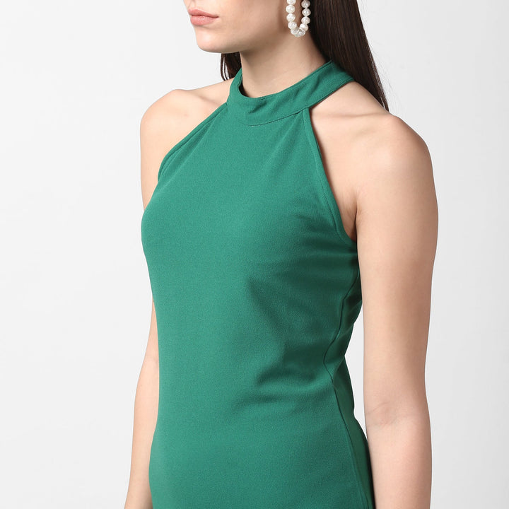 Women's Green Asymmetrical Lace Dress - StyleStone