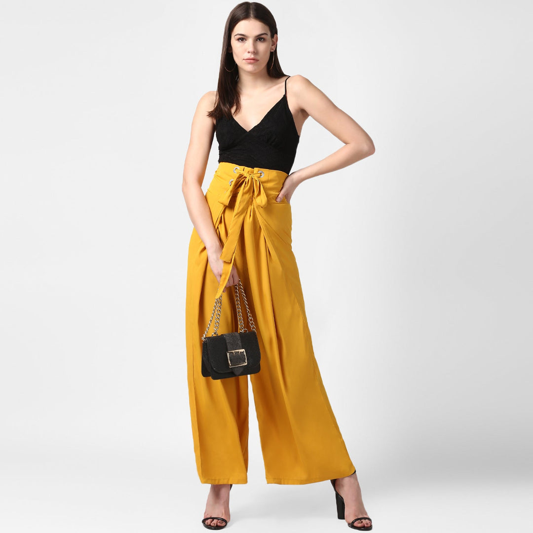 Women's Yellow Polyester High Waisted Palazzo with front Rivets and Back Elastic - StyleStone