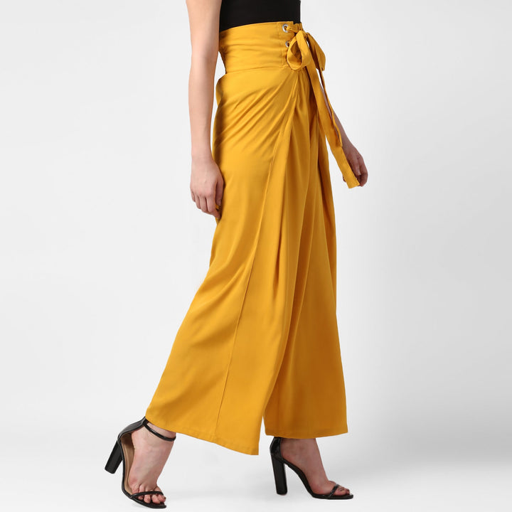 Women's Yellow Polyester High Waisted Palazzo with front Rivets and Back Elastic - StyleStone